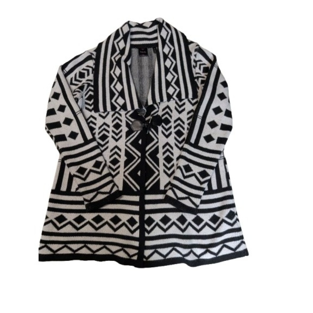 Rafaella Geometric Cardigan Sweater Women's L Black White Aztec Tribal Boho Knit